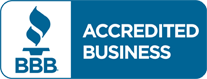 A blue and white logo for accredited business.