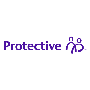 A purple logo with the word protective underneath it.