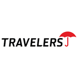 A red umbrella with the word travelers underneath it.